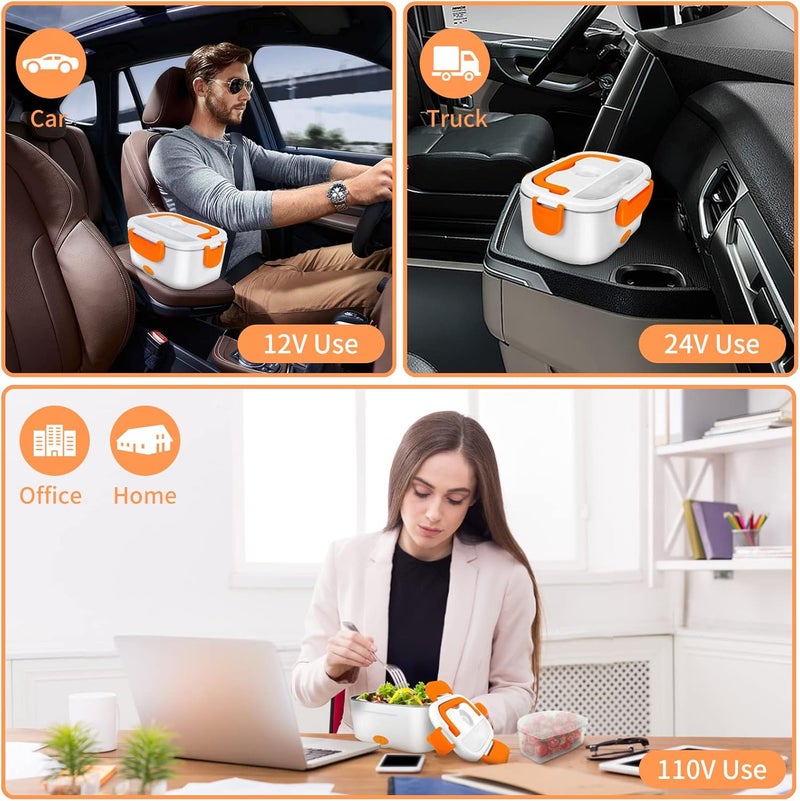 CHARMDOO Electric Lunch Box, Food Warmer Heater 12V 24V 110V, 80W Faster Heated Lunch Box for Car/Truck/Home Portable Heating Boxes with 1.5L 304 SS Container Fork & Spoon, White+Orange - Image 2